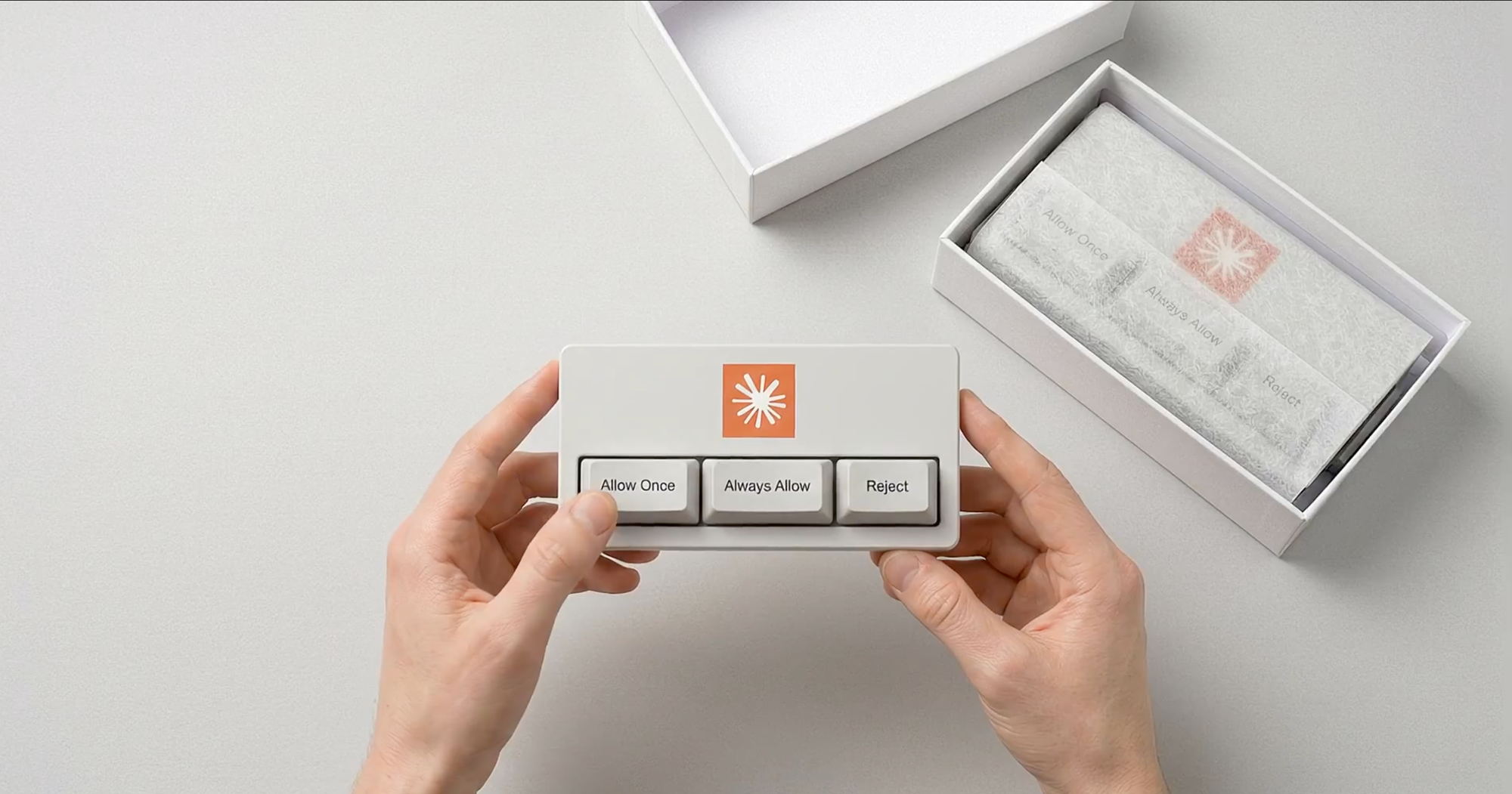Concept render of a white keypad with Allow Once, Always Allow, and Reject keys in a premium box