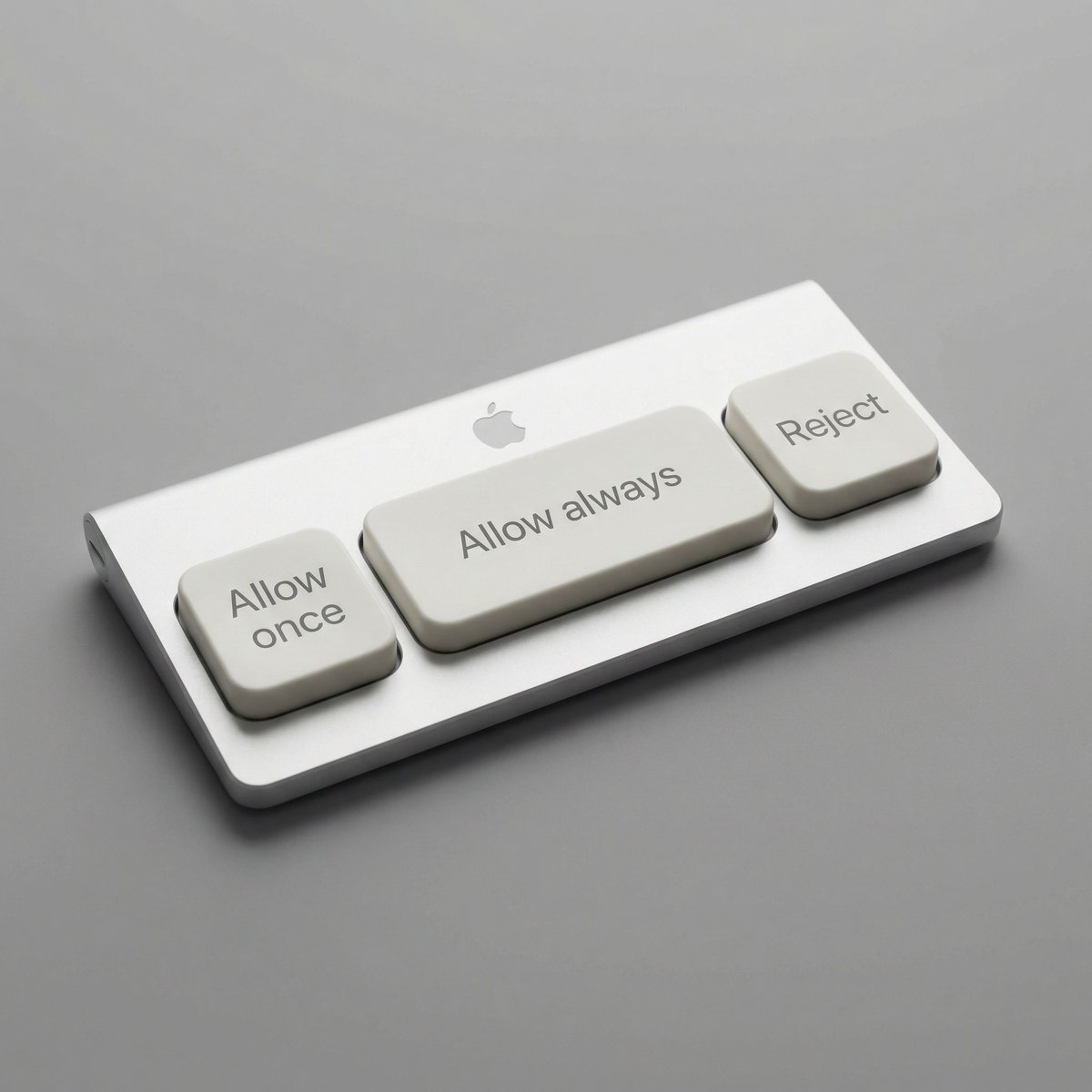 Concept render of an Apple-style aluminum keypad with Allow once, Allow always, and Reject keys