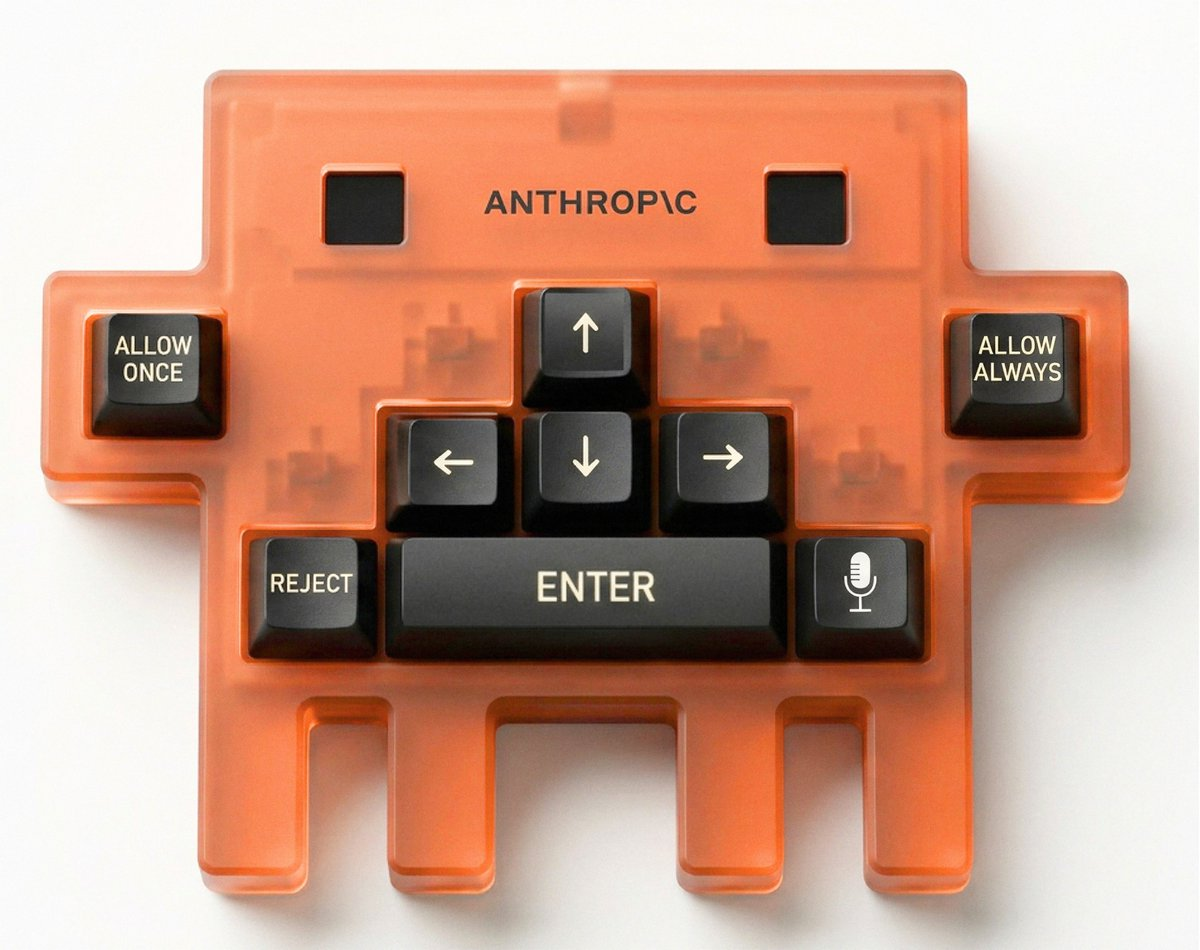 Concept render of a translucent orange keypad shaped like a space invader, with arrow keys, Enter, Reject, Allow Once, Allow Always, and a mic key