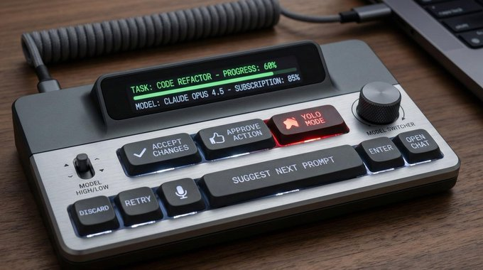 Concept render of a desk console with a green status screen showing task progress and model, plus Accept, Retry, YOLO mode keys, a mic, and a model-switcher knob