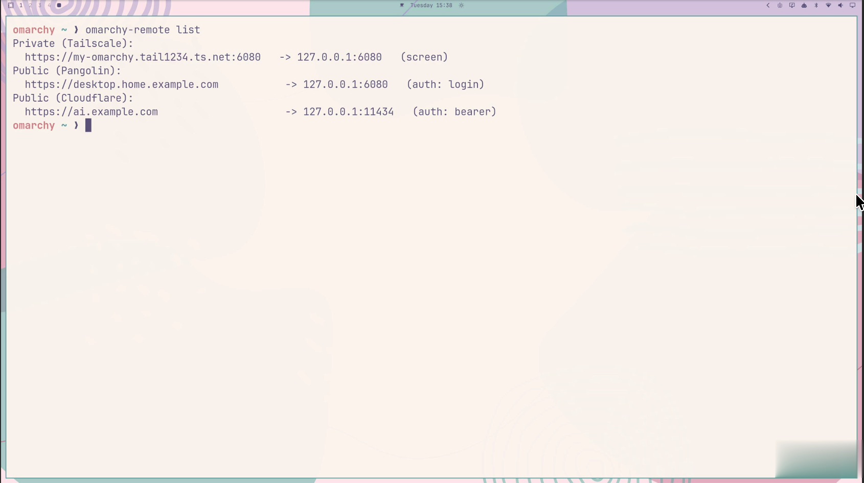 The Omarchy desktop running in a laptop browser, opened from a private Tailscale address