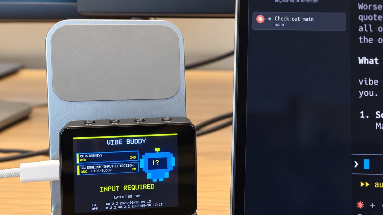 VibeBuddy AI coding agent notifier beside a developer monitor