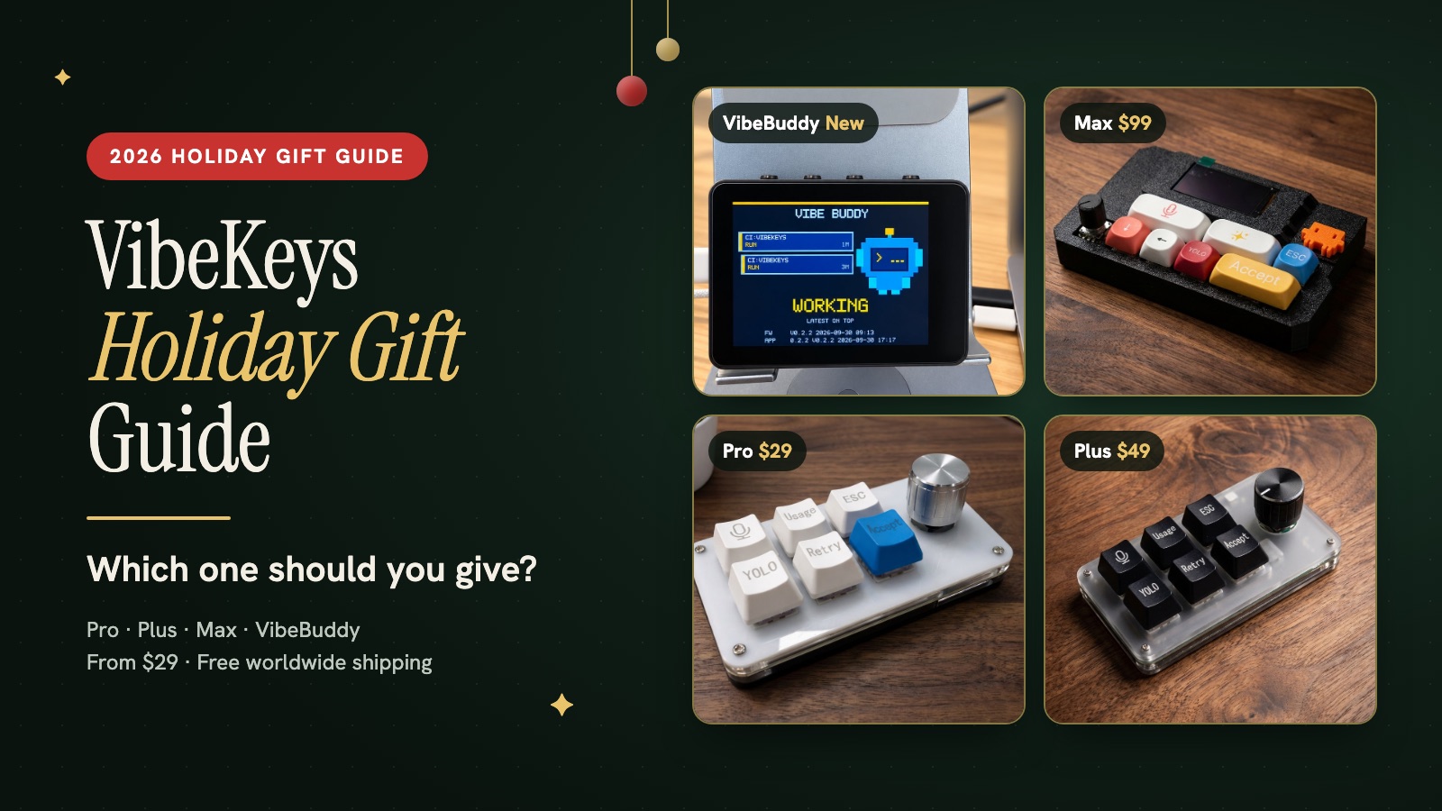 VibeKeys Holiday Gift Guide: VibeBuddy, VibeKeys Max ($99), Pro ($29) and Plus ($49), with free worldwide shipping