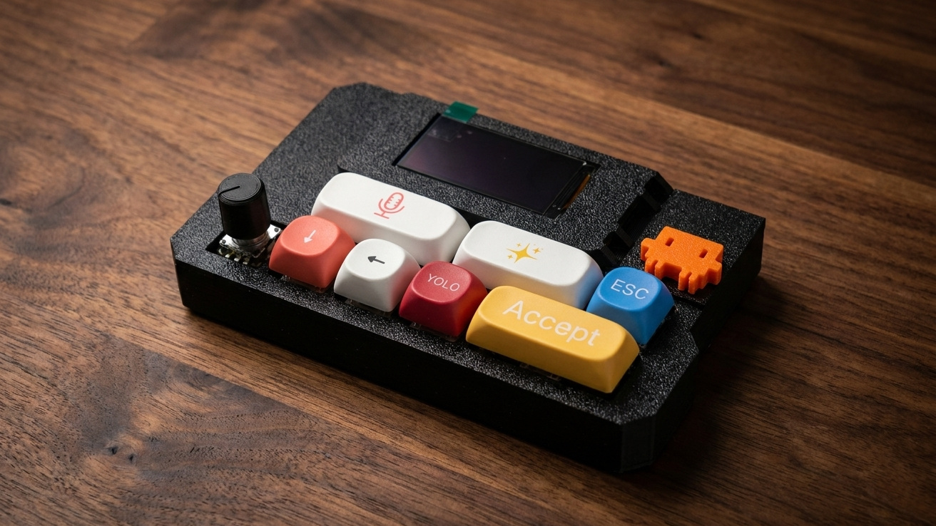 VibeKeys Max premium AI coding keypad on a developer desk