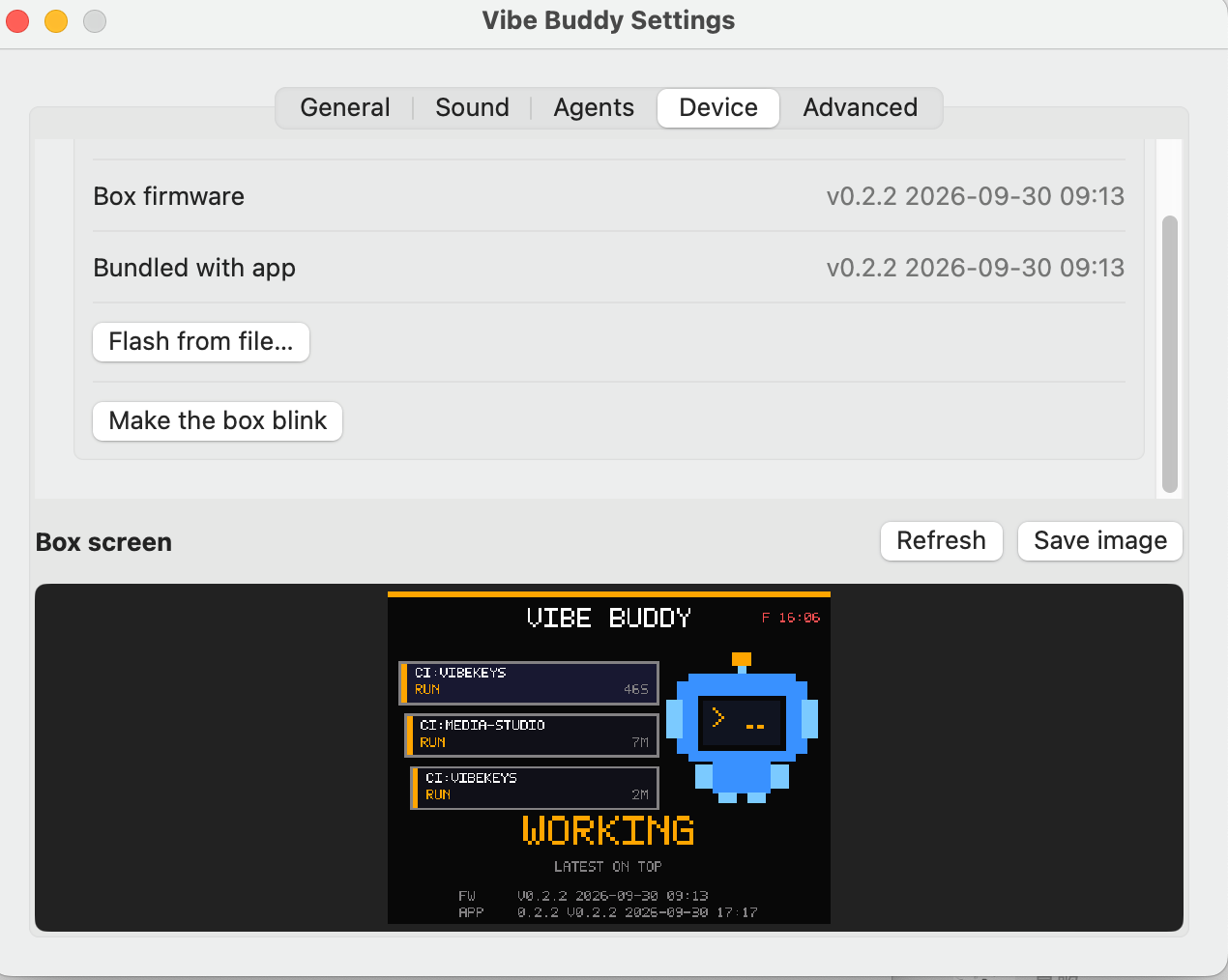 VibeBuddy Settings, Device tab: box firmware and bundled firmware both v0.2.2, Flash from file and Make the box blink buttons, and a live view of the box screen with Refresh and Save image
