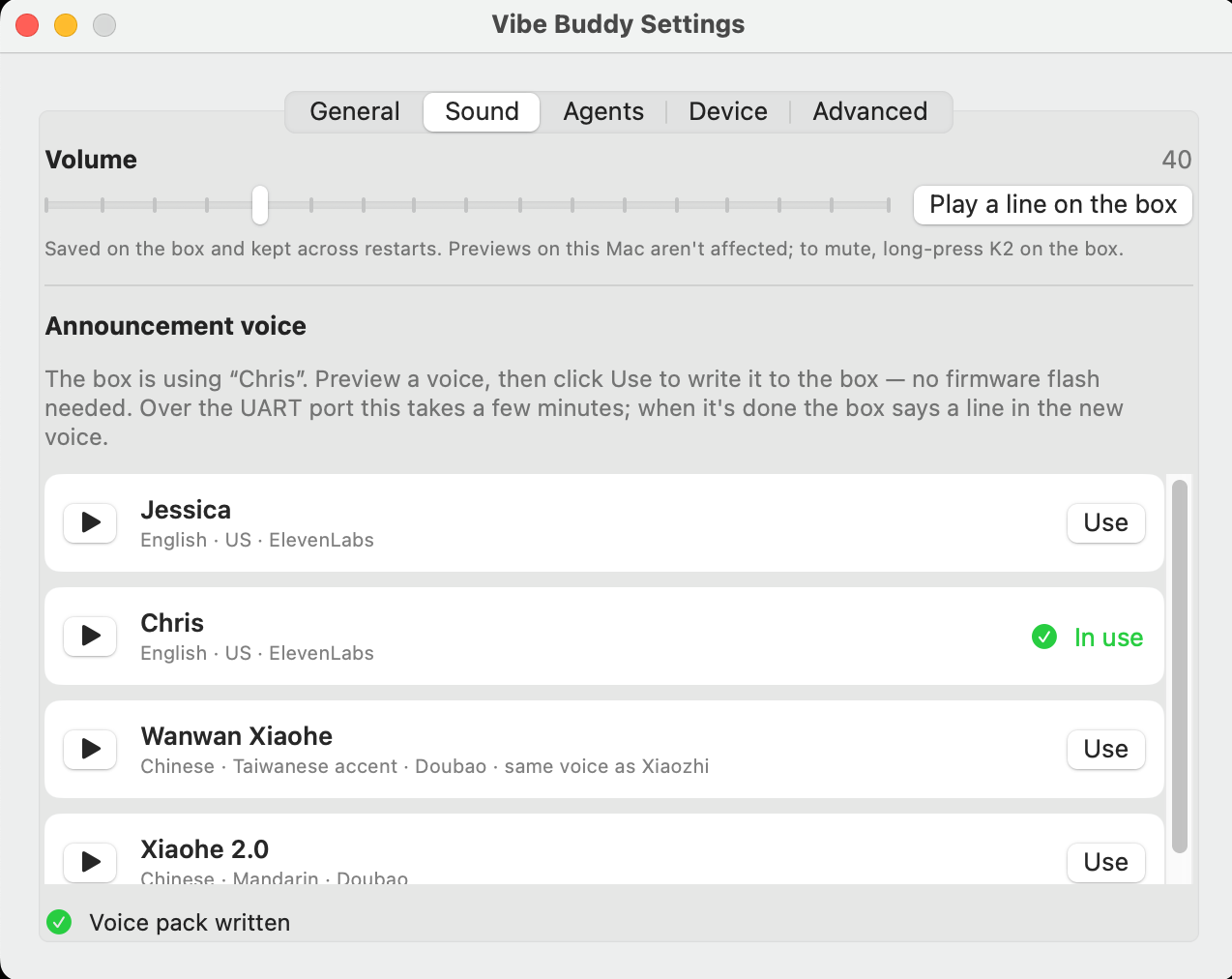 VibeBuddy Settings, Sound tab: a volume slider set to 40 with a Play a line on the box button, and the announcement voices Jessica, Chris (in use), Wanwan Xiaohe and Xiaohe 2.0, each with a play button and Use