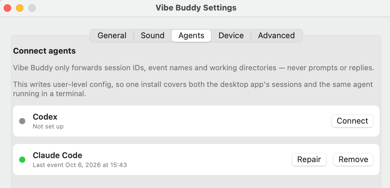 VibeBuddy Settings, Agents tab: Codex not set up with a Connect button, and Claude Code connected with a green dot and its last event time