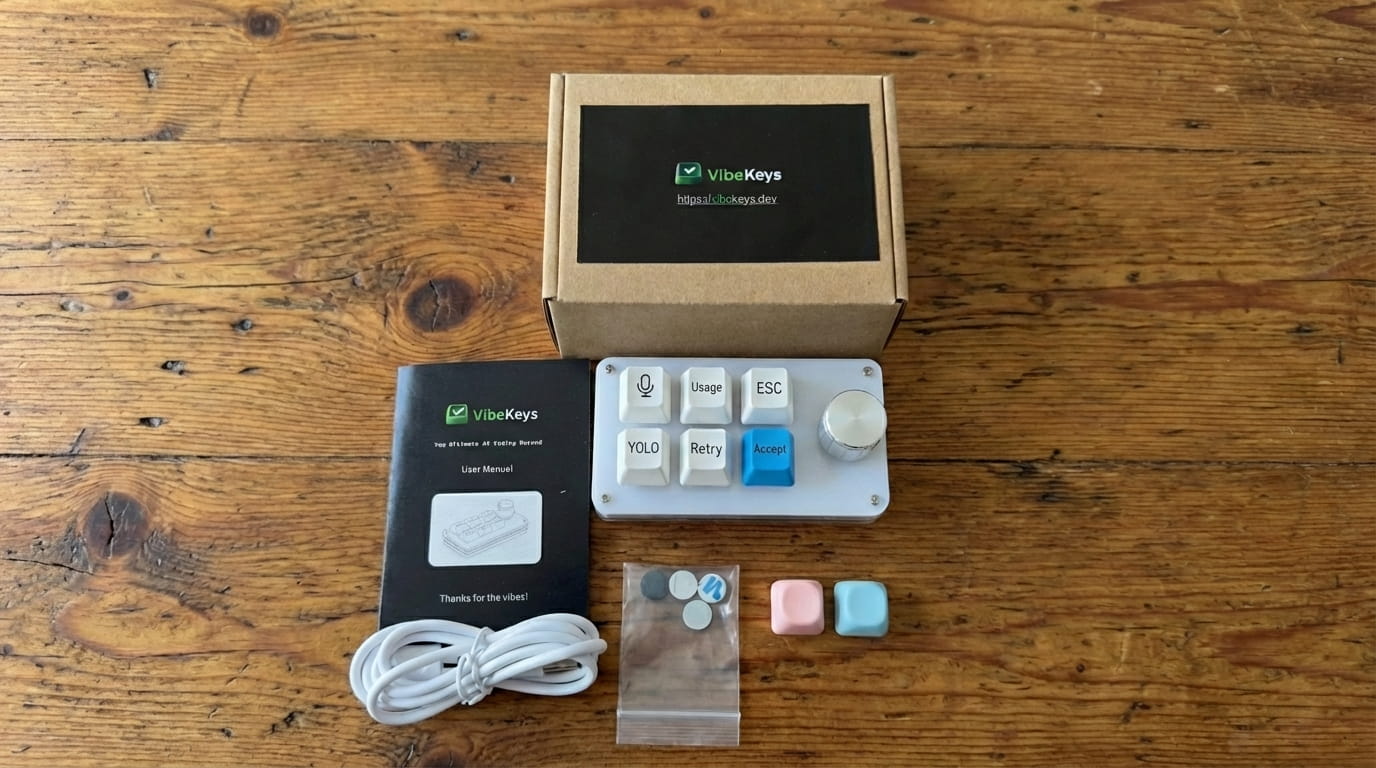 A VibeKeys Pro unboxed: the keypad with Accept, Retry, YOLO and voice keys, a rotary knob, the manual, cable and spare keycaps