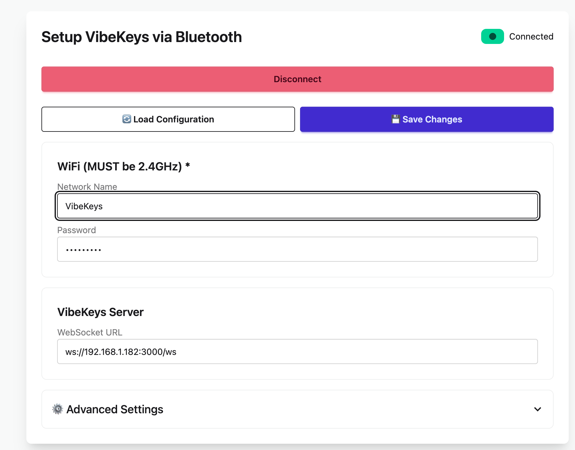 在设置页面配置 WiFi 和 VibeKeys Server 的 WebSocket URL